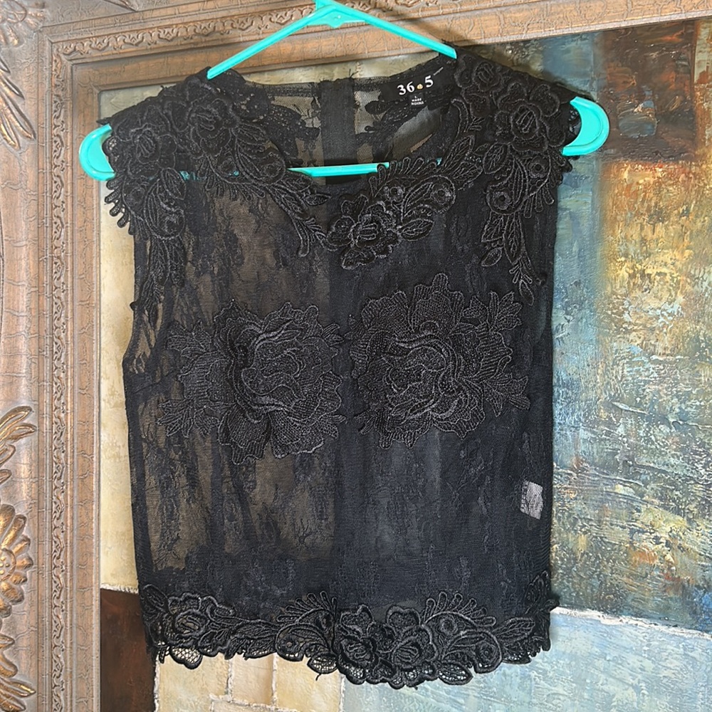 Black sheer lace embellished midriff top